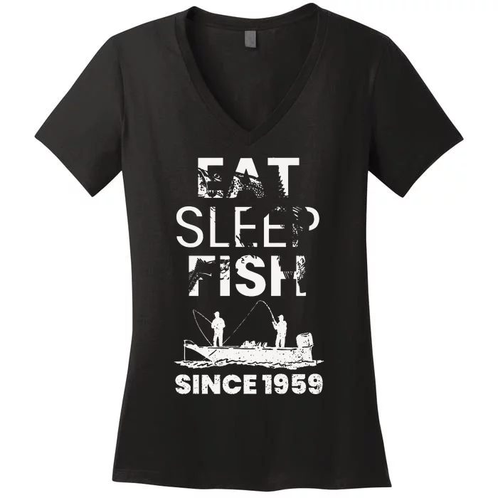 Cute Eat Sleep Fish Since 1959 Fishing 60th Birthday Gift Women's V-Neck T-Shirt