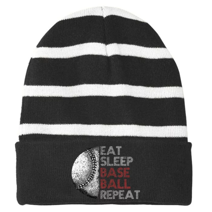 Cute Eat Sleep Baseball Repeat Vintage Funny Baseball Lover Striped Beanie with Solid Band