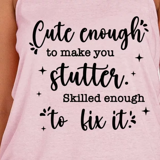 Cute Enough To Make You Stutter Cute Slp Speech Therapist Meaningful Gift Women's Knotted Racerback Tank