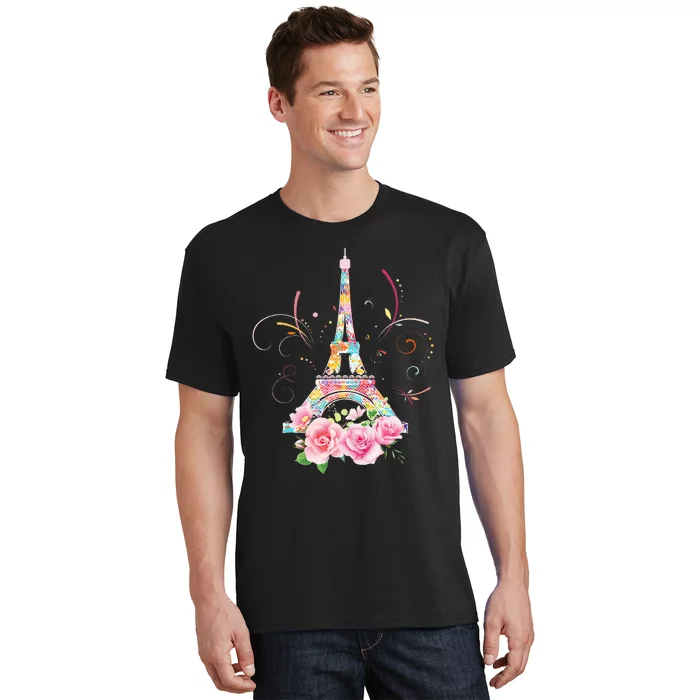 Colorful Eiffel Tower Of Paris In France Parisian Rose T-Shirt