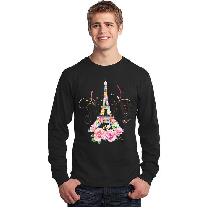 Colorful Eiffel Tower Of Paris In France Parisian Rose Tall Long Sleeve T-Shirt