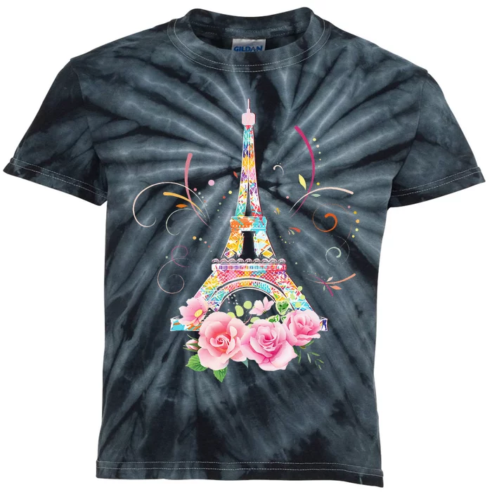 Colorful Eiffel Tower Of Paris In France Parisian Rose Kids Tie-Dye T-Shirt