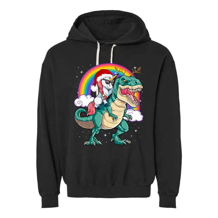 Christmas Evil Unicorn Riding T Rex Dinosaur Deer Gift Garment-Dyed Fleece Hoodie