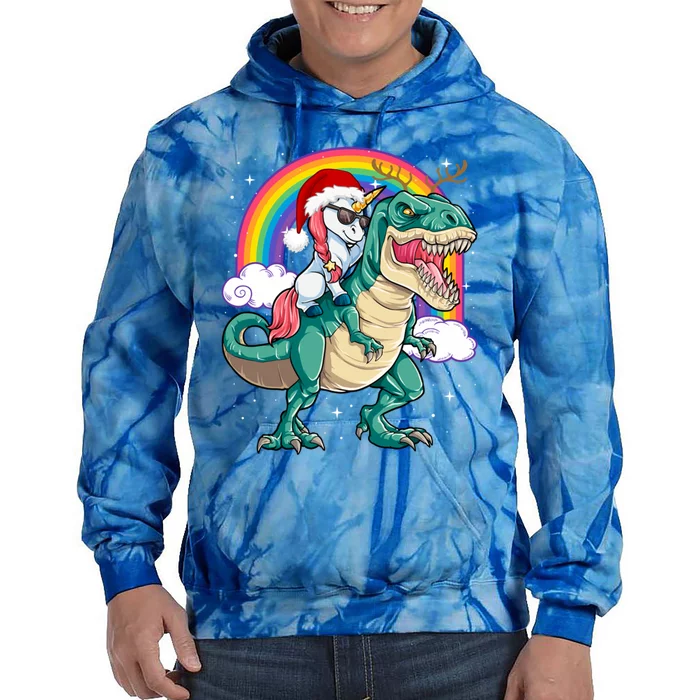 Christmas Evil Unicorn Riding T Rex Dinosaur Deer Gift Tie Dye Hoodie