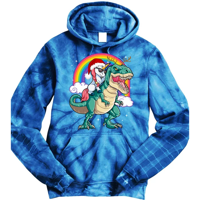 Christmas Evil Unicorn Riding T Rex Dinosaur Deer Gift Tie Dye Hoodie