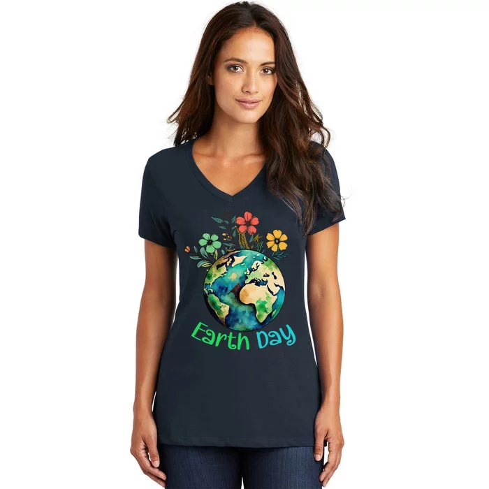 Cute Earth With Floral Earth Day Happy Earth Day 2024 Women's V-Neck T-Shirt