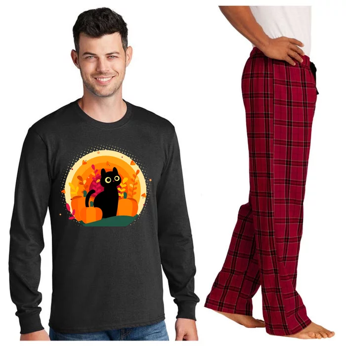 Cute Fall Autumn Lover Black Cat And Pumpkins Long Sleeve Pajama Set