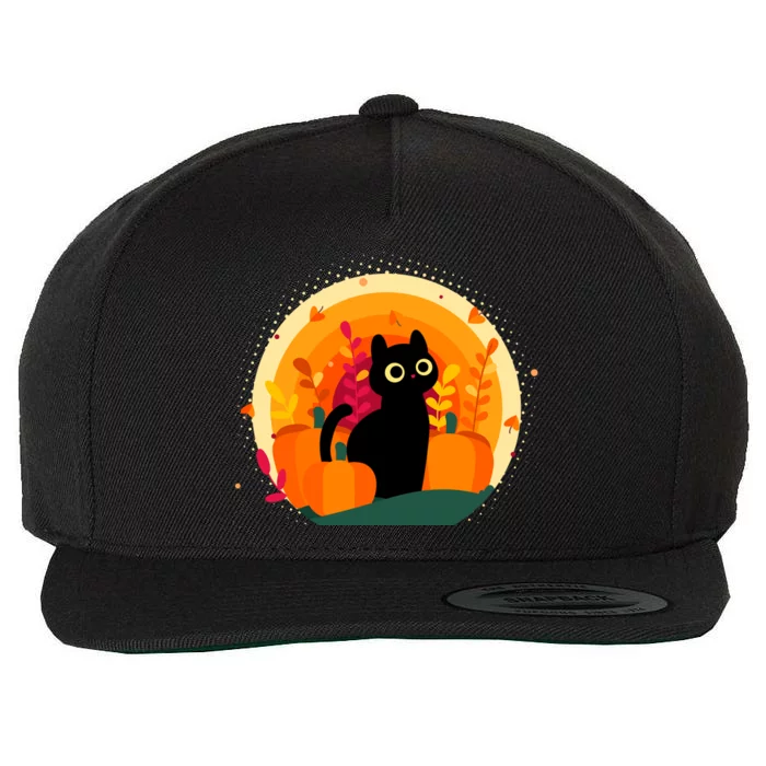 Cute Fall Autumn Lover Black Cat And Pumpkins Wool Snapback Cap