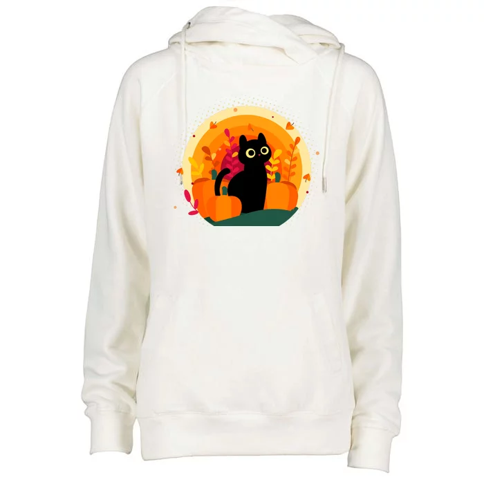 Cute Fall Autumn Lover Black Cat And Pumpkins Womens Funnel Neck Pullover Hood