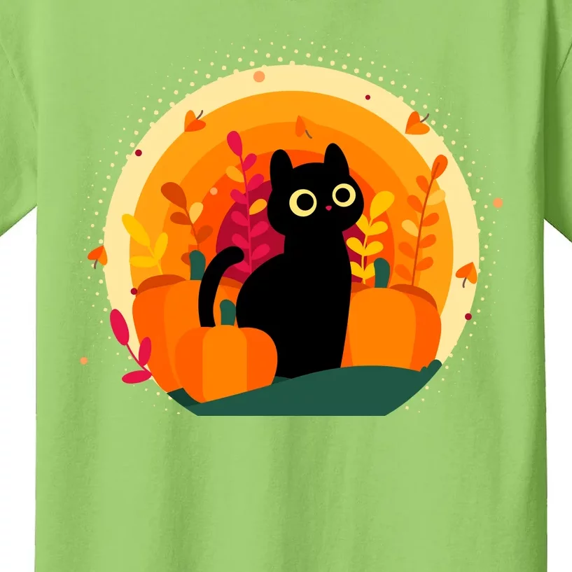 Cute Fall Autumn Lover Black Cat And Pumpkins Kids T-Shirt