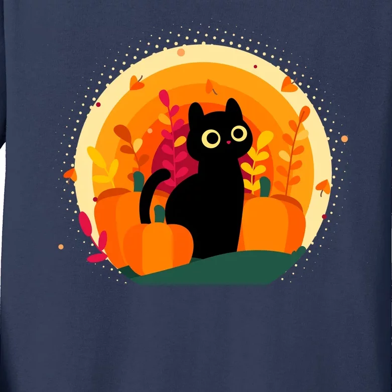 Cute Fall Autumn Lover Black Cat And Pumpkins Kids Long Sleeve Shirt