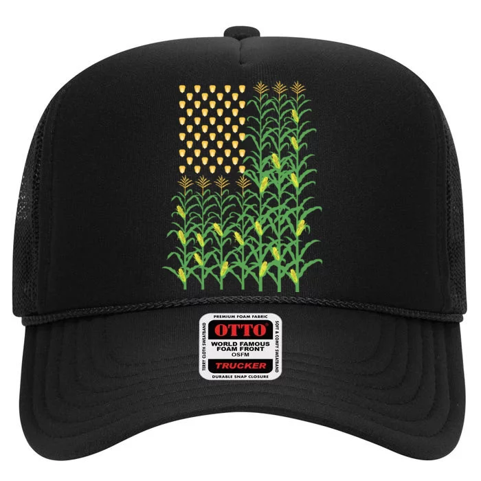 Corn Farmer American Flag Crop Farmers Farm Farming Gift High Crown Mesh Trucker Hat