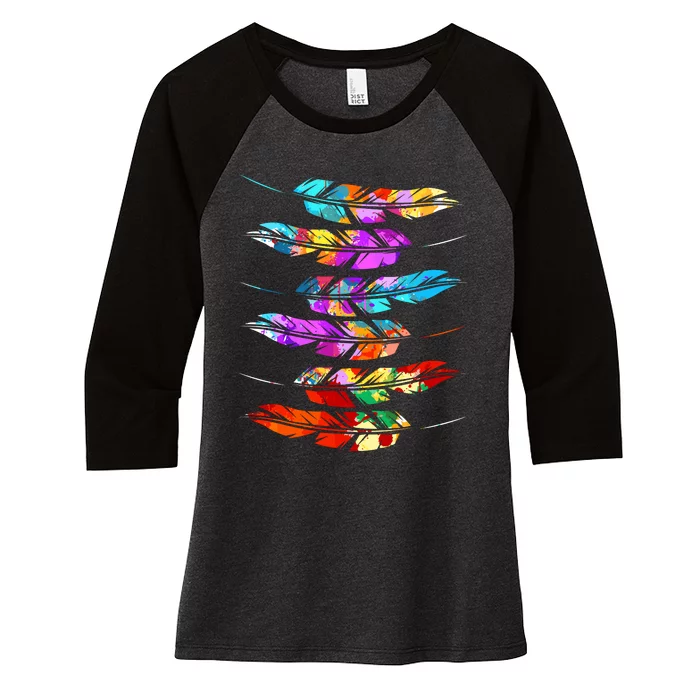 Colorful Feathers American Indian Pride Native American Women's Tri-Blend 3/4-Sleeve Raglan Shirt