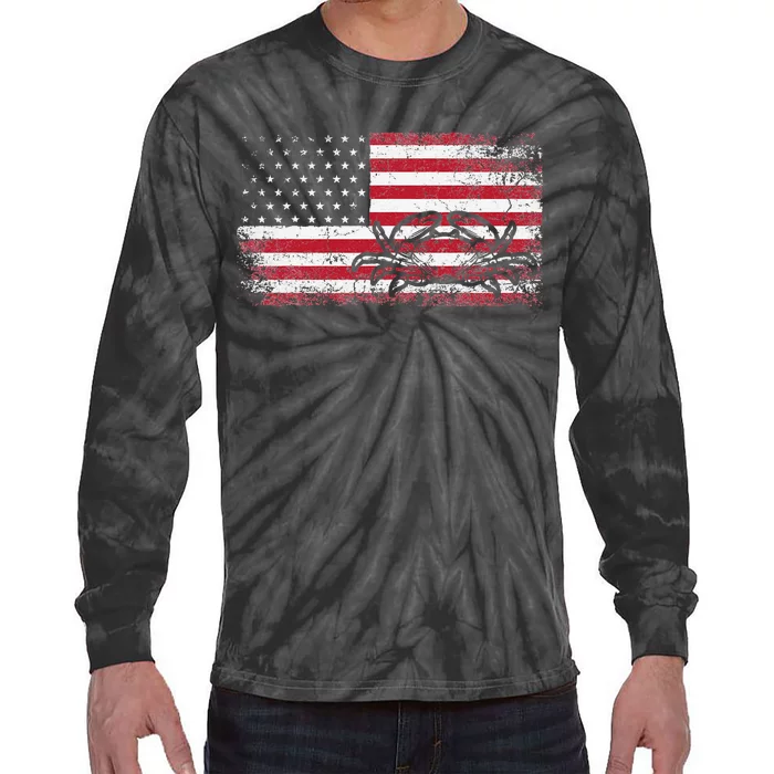 Crab Fisherman American Flag 4th of July Crabbing Tie-Dye Long Sleeve Shirt