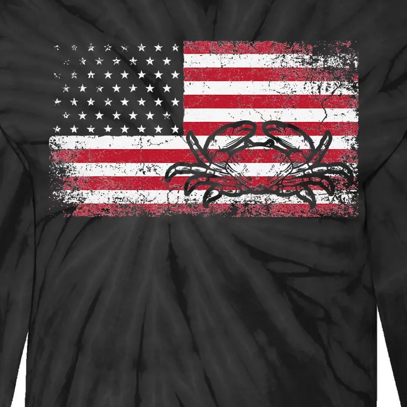 Crab Fisherman American Flag 4th of July Crabbing Tie-Dye Long Sleeve Shirt