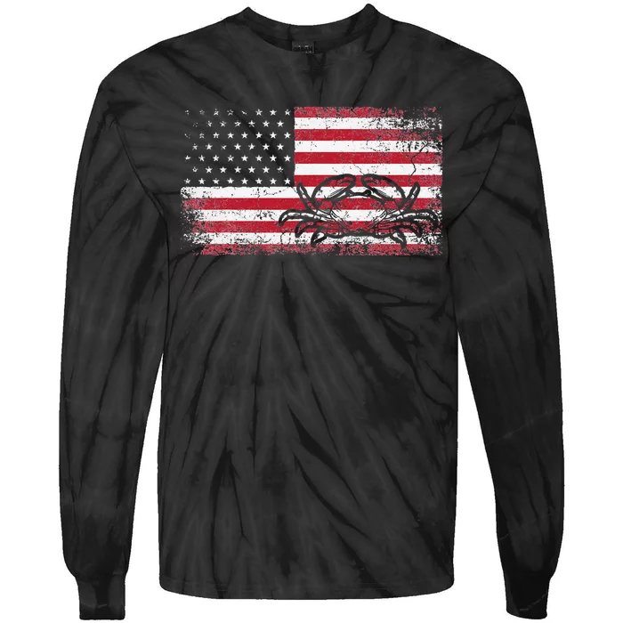 Crab Fisherman American Flag 4th of July Crabbing Tie-Dye Long Sleeve Shirt