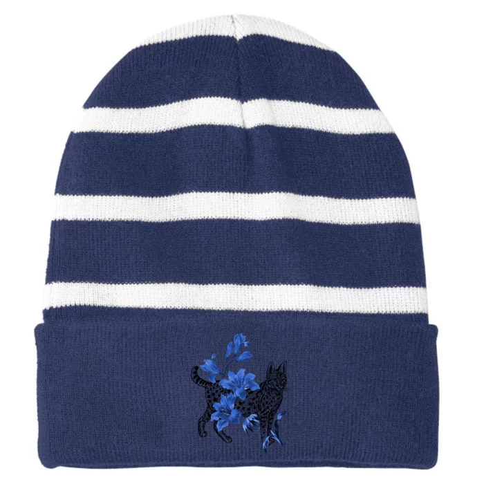 Cat Flower Art Cute Striped Beanie with Solid Band