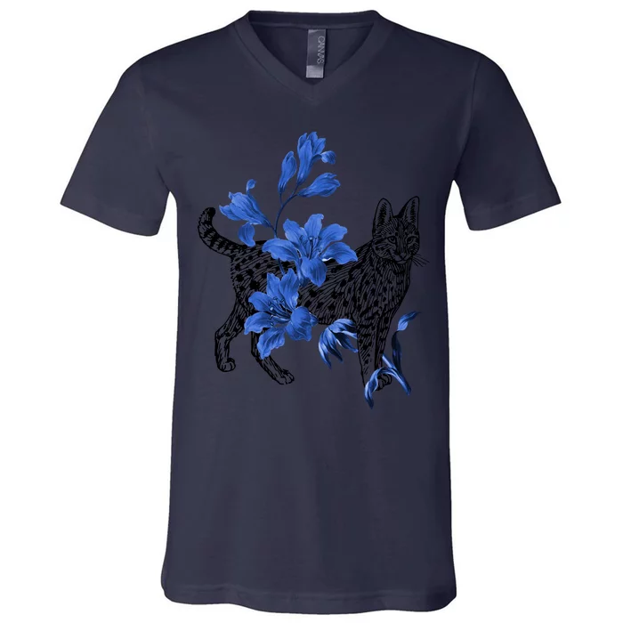 Cat Flower Art Cute V-Neck T-Shirt