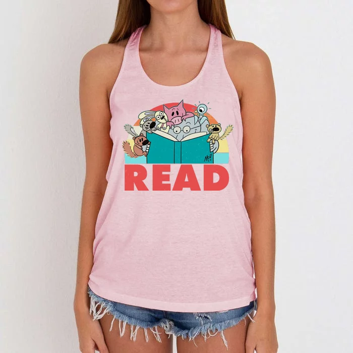 Cute Funny Animals Read Reading Book Lover Fan Women's Knotted Racerback Tank