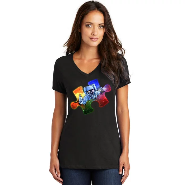 Cool Funny Autism Awareness Galaxy Puzzle Piece Astronaut Women's V-Neck T-Shirt