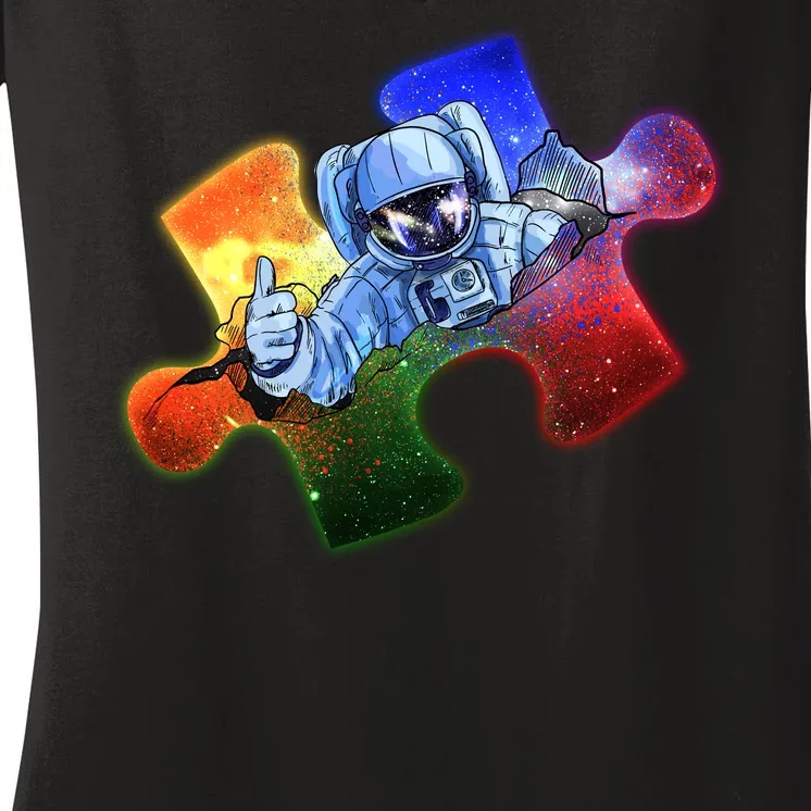 Cool Funny Autism Awareness Galaxy Puzzle Piece Astronaut Women's V-Neck T-Shirt