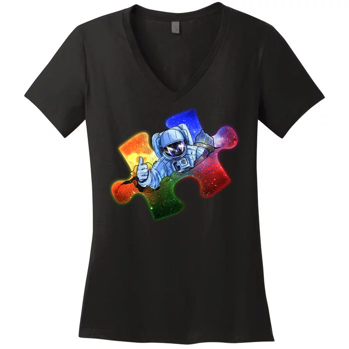 Cool Funny Autism Awareness Galaxy Puzzle Piece Astronaut Women's V-Neck T-Shirt