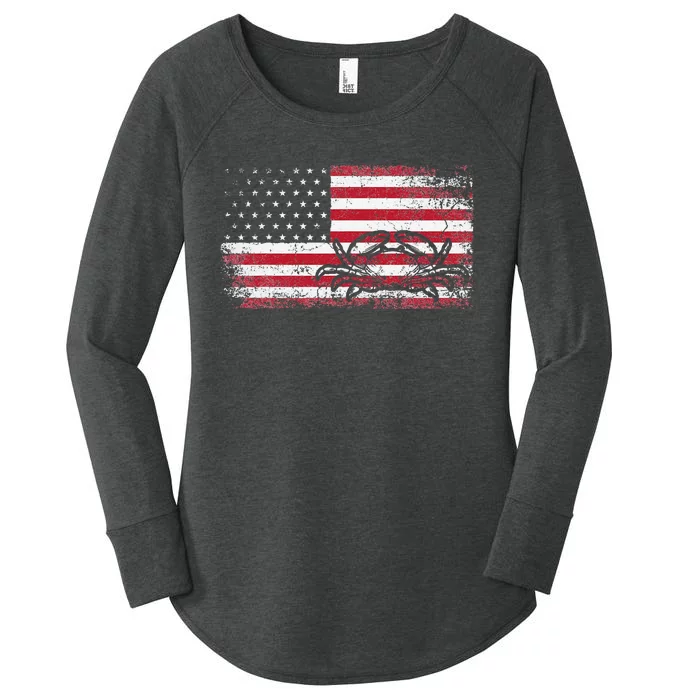 Crab Fisherman American Flag 4th of July Crabbing Women's Perfect Tri Tunic Long Sleeve Shirt