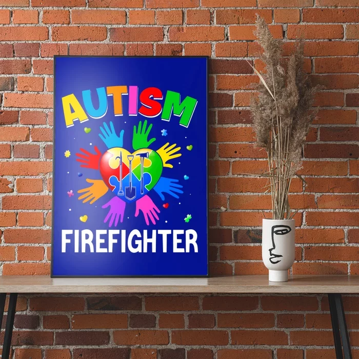 Cool Firefighter Autism Awareness Heart Puzzle Raising Hand Gift Poster