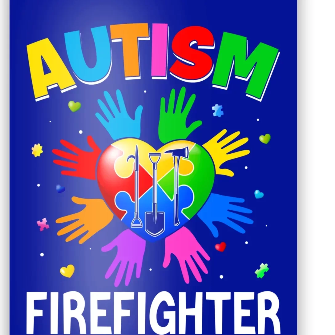 Cool Firefighter Autism Awareness Heart Puzzle Raising Hand Gift Poster