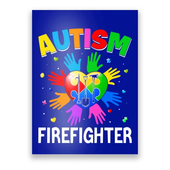 Cool Firefighter Autism Awareness Heart Puzzle Raising Hand Gift Poster