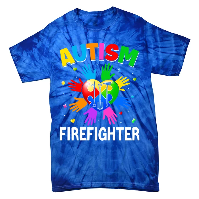 Cool Firefighter Autism Awareness Heart Puzzle Raising Hand Gift Tie-Dye T-Shirt