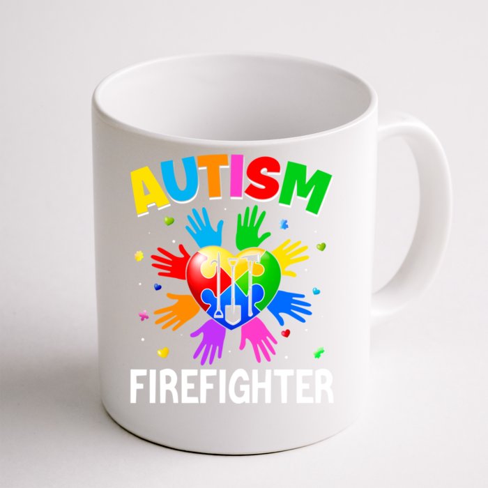 Cool Firefighter Autism Awareness Heart Puzzle Raising Hand Gift Front & Back Coffee Mug