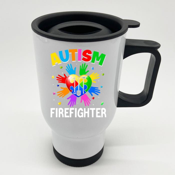 Cool Firefighter Autism Awareness Heart Puzzle Raising Hand Gift Front & Back Stainless Steel Travel Mug