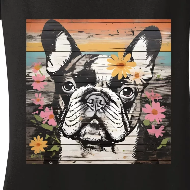 Cute French Bulldog Owner Rustic Floral Art Dog Lover Gift Women's V-Neck T-Shirt