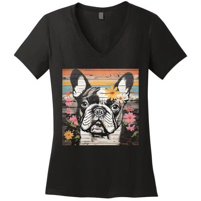 Cute French Bulldog Owner Rustic Floral Art Dog Lover Gift Women's V-Neck T-Shirt