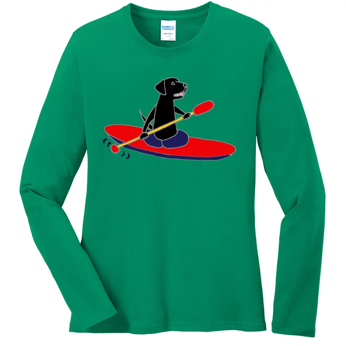 Cool Funny Black Labrador Retriever Kayakaking Ladies Long Sleeve Shirt