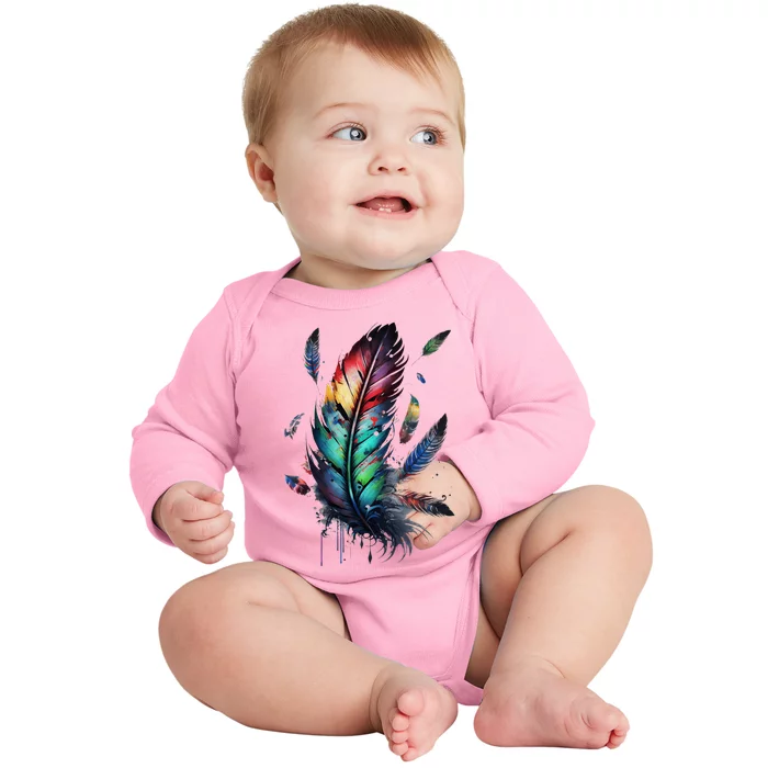 Colorful Feathers Boho Style Bird Native Americans Symbol Baby Long Sleeve Bodysuit