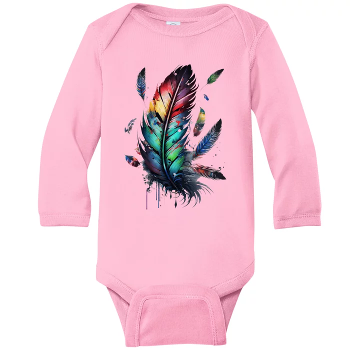 Colorful Feathers Boho Style Bird Native Americans Symbol Baby Long Sleeve Bodysuit