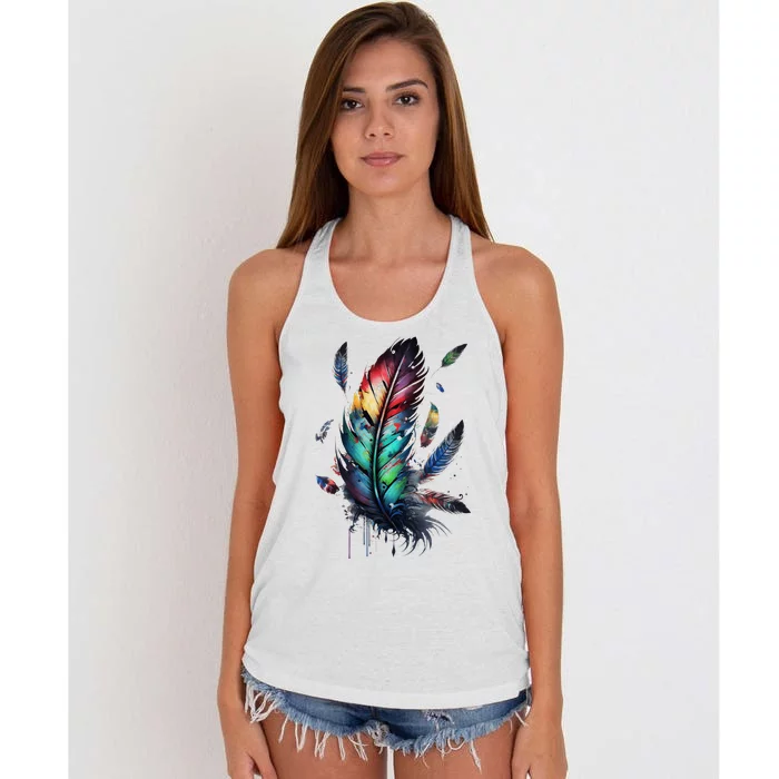 Colorful Feathers Boho Style Bird Native Americans Symbol Women's Knotted Racerback Tank