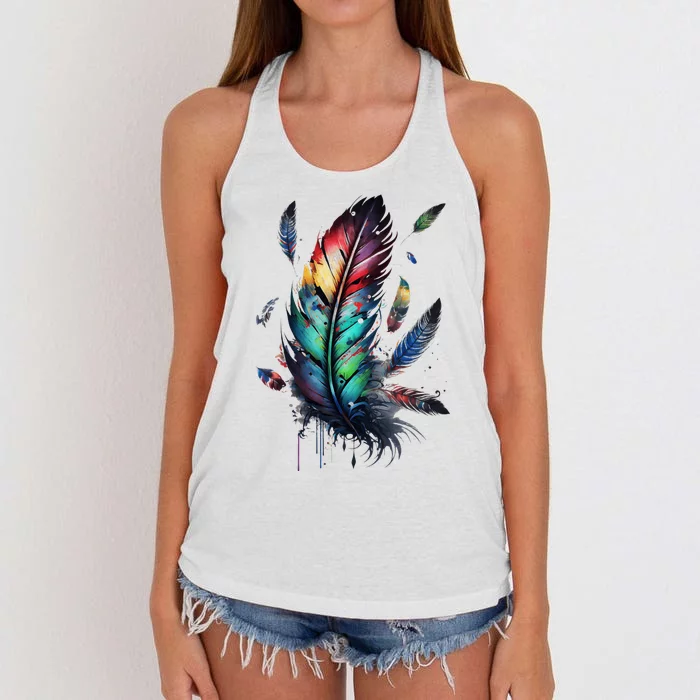 Colorful Feathers Boho Style Bird Native Americans Symbol Women's Knotted Racerback Tank