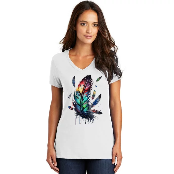 Colorful Feathers Boho Style Bird Native Americans Symbol Women's V-Neck T-Shirt