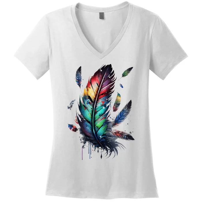 Colorful Feathers Boho Style Bird Native Americans Symbol Women's V-Neck T-Shirt