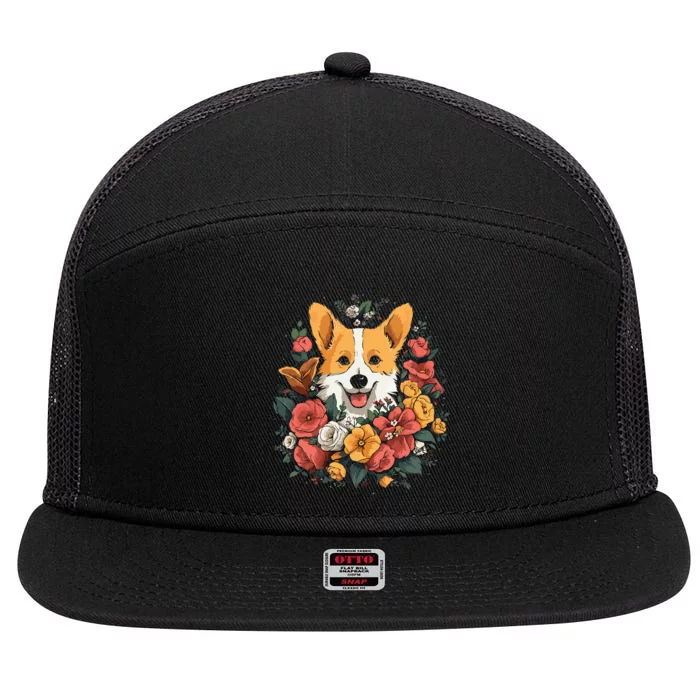 Corgi Flower Bouquet 7 Panel Mesh Trucker Snapback Hat