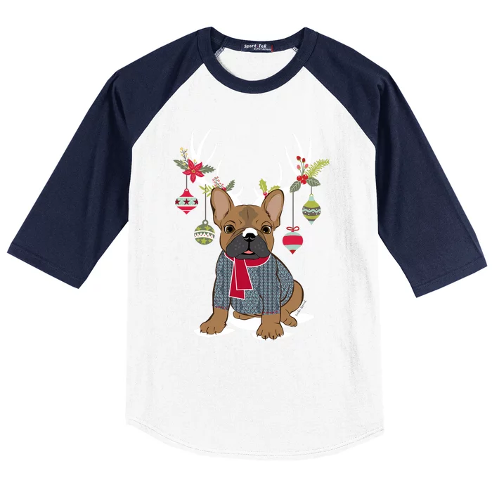 Cute French Bulldog Frenchie Christmas Reindeer Gift Baseball Sleeve Shirt