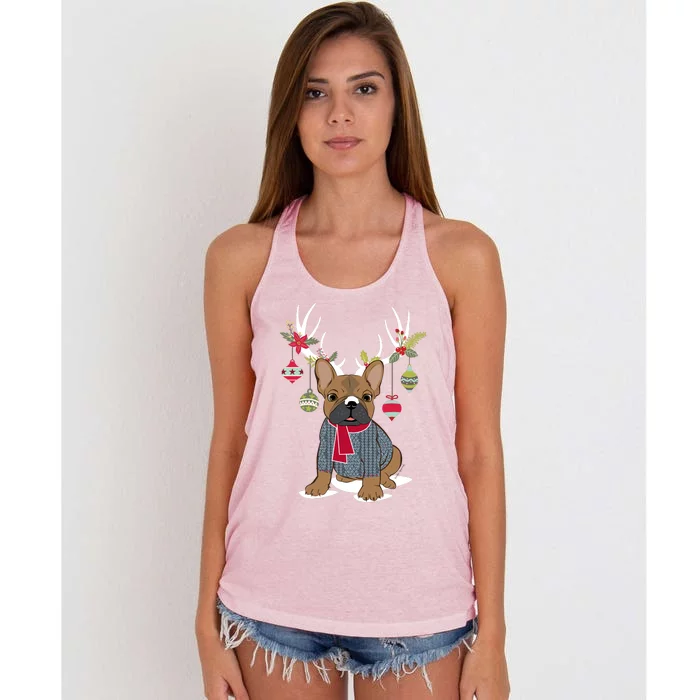 Cute French Bulldog Frenchie Christmas Reindeer Gift Women's Knotted Racerback Tank