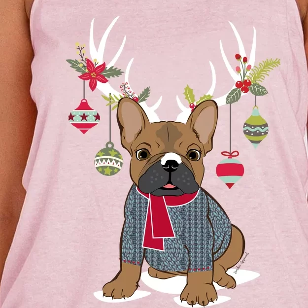 Cute French Bulldog Frenchie Christmas Reindeer Gift Women's Knotted Racerback Tank