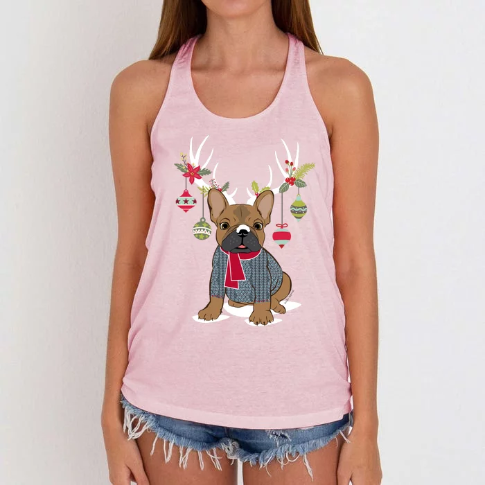 Cute French Bulldog Frenchie Christmas Reindeer Gift Women's Knotted Racerback Tank