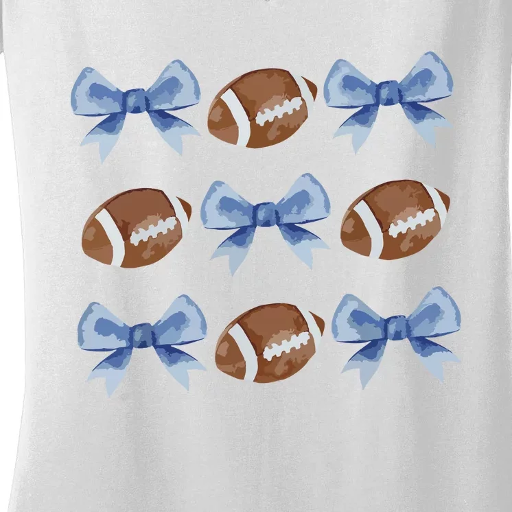 Coquette Football Bow Football Mom Game Day Women Girl Women's V-Neck T-Shirt