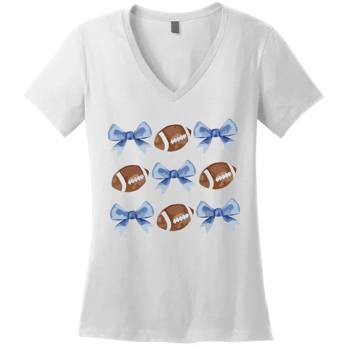 Coquette Football Bow Football Mom Game Day Women Girl Women's V-Neck T-Shirt