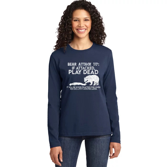 Camping Funny Bear Attack Tip Sarcastic Hiking Ladies Long Sleeve Shirt